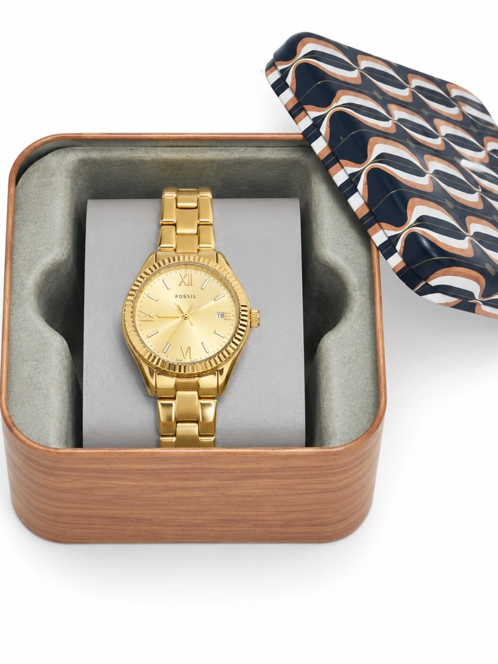 Fossil Rye Three Hand Date 30mm Gold Tone Stainless Steel Bracelet Watch NIB